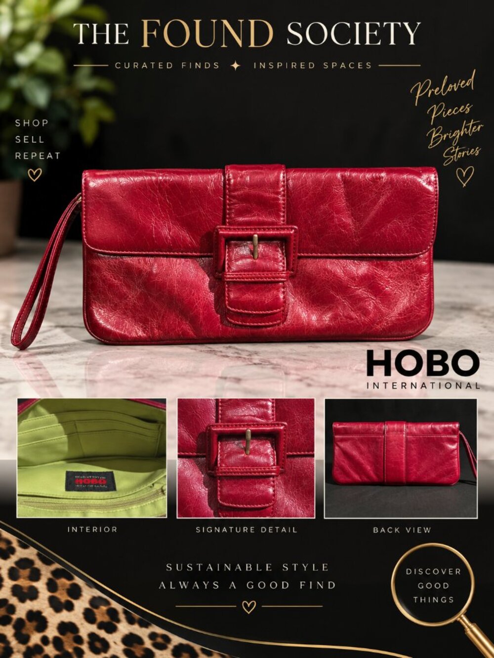 HOBO International Red Glazed Leather Buckle Wristlet Clutch